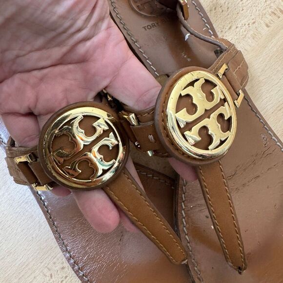 TORY BURCH Ali Thong Sandals Women's 9.5 Brown Leather Slingback Strap - Picture 6 of 9